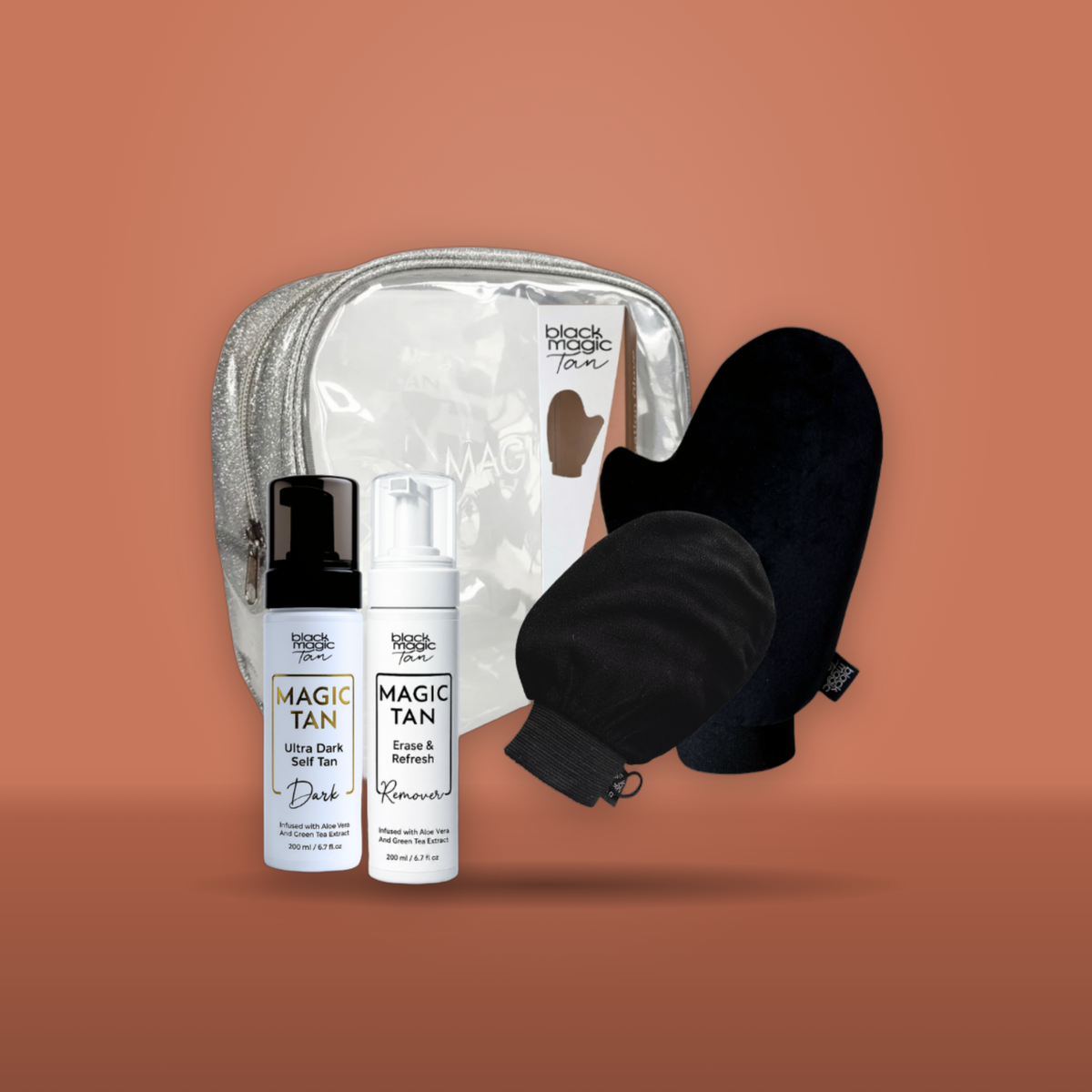 Black Magic Full Tan Pack: travel bag, Magic Tan mousse, Foaming Tan Remover, Tanning Glove and Xfoliate Mitt