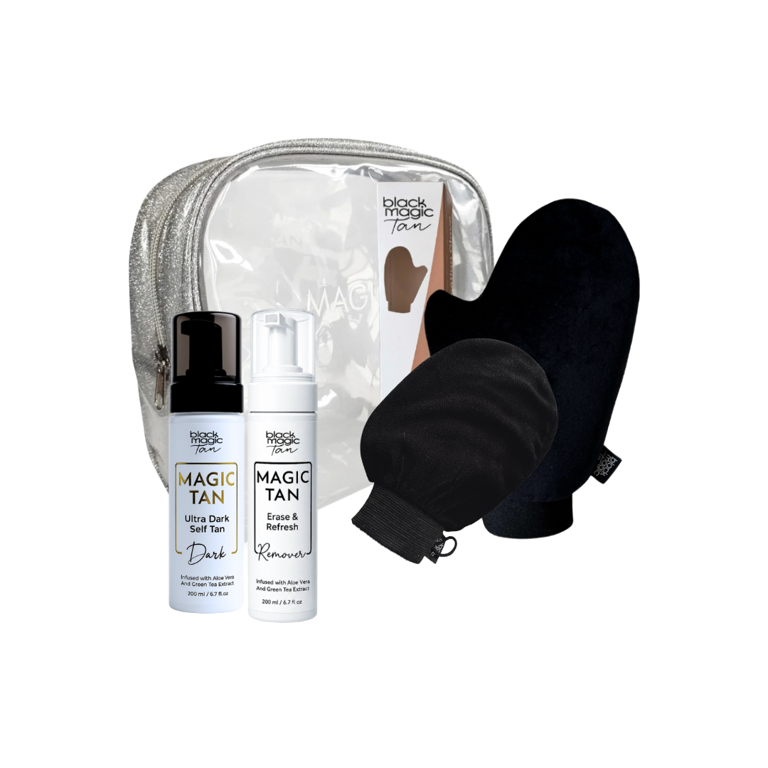 Black Magic Full Tan Pack: travel bag, Magic Tan mousse, Foaming Tan Remover, Tanning Glove and Xfoliate Mitt