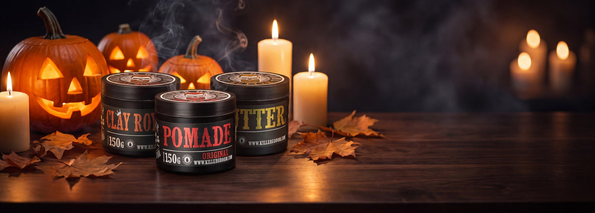Killer Groom Pomade, Clay Royale and Butter tins by candlelight with jack-o-lanterns